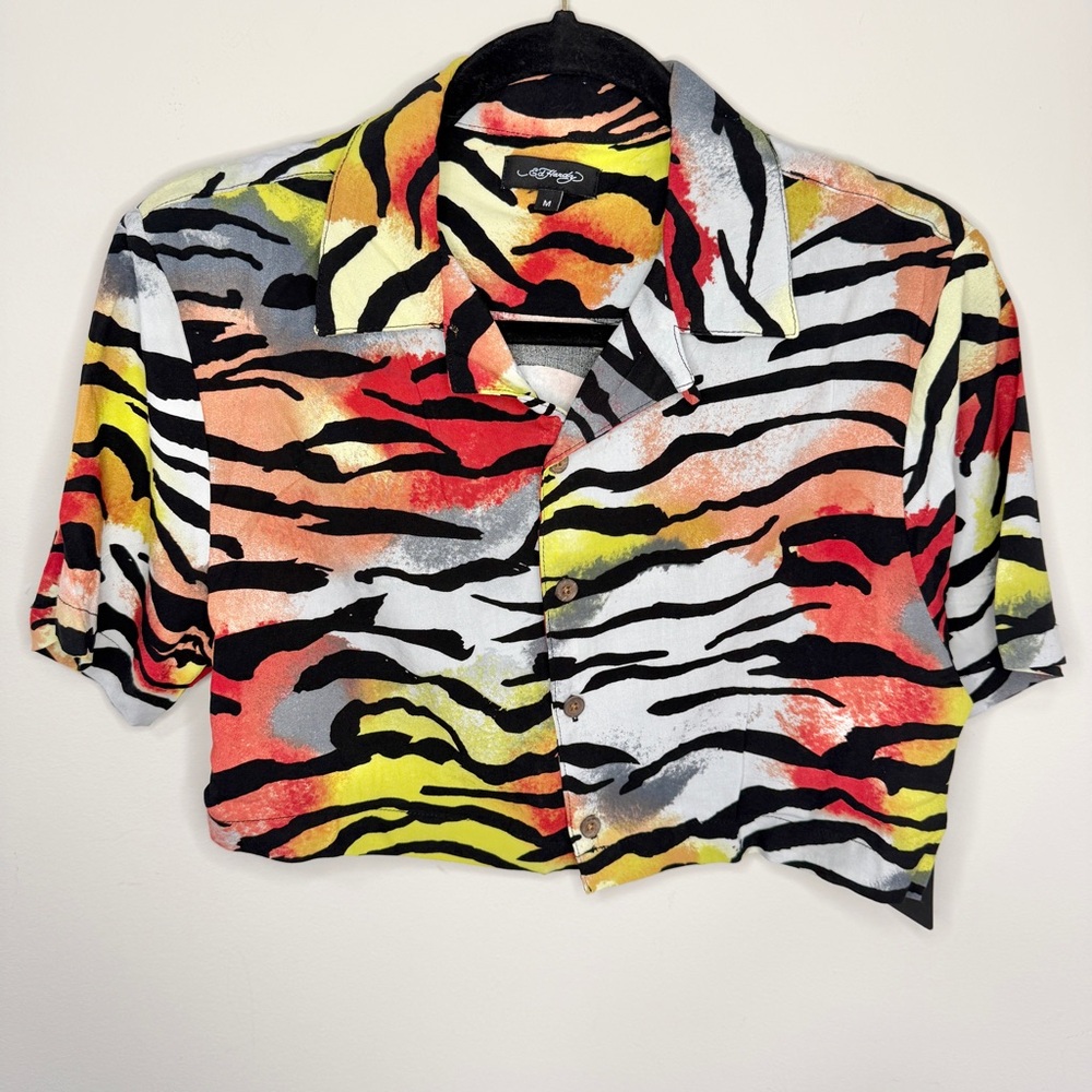 Ed Hardy Cropped Button Down Shirt Multi Colored Zebra Print NWT Y2K Medium